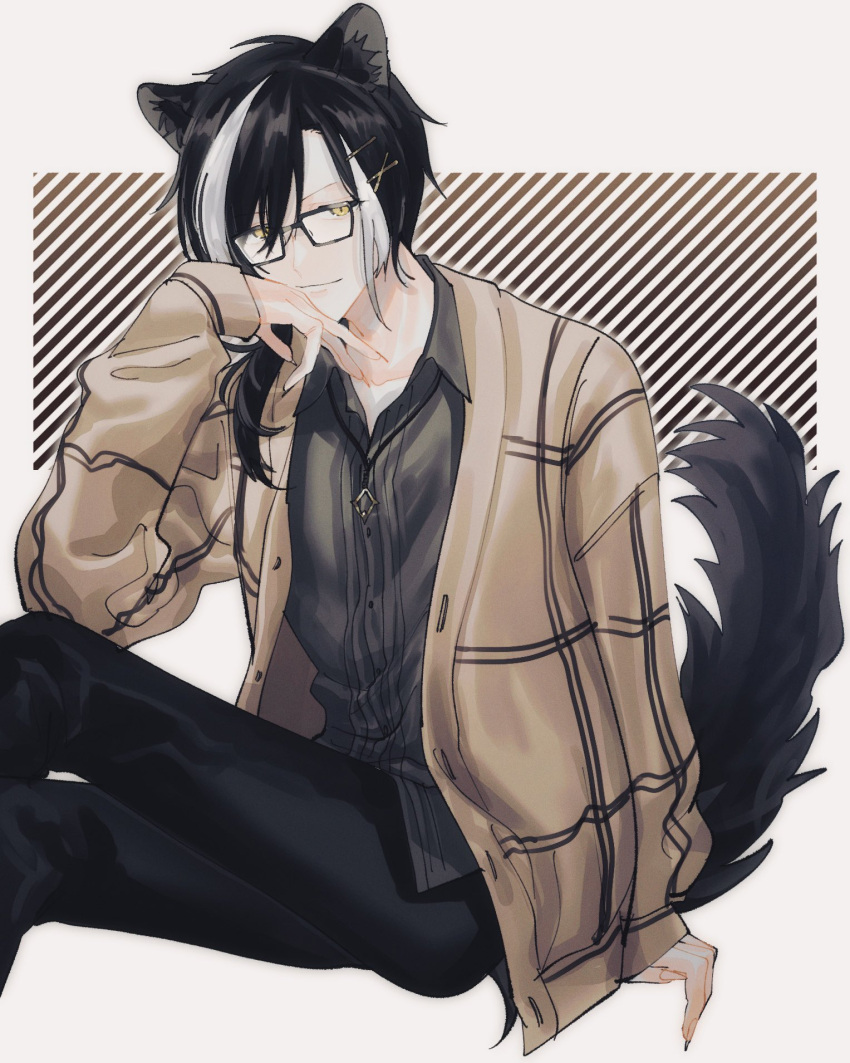 &gt;:) 1boy animal_ears bespectacled black-framed_eyewear black_hair black_pants brown_cardigan cardigan collared_shirt crossed_legs feet_out_of_frame fingernails glasses grey_shirt hair_between_eyes hair_ornament hair_over_shoulder hairclip head_rest highres holostars invisible_chair jackal_boy jackal_ears jackal_tail jewelry kageyama_shien long_hair looking_at_viewer low_ponytail male_focus momiage_40 multicolored_hair official_alternate_costume open_cardigan open_clothes open_collar pants pendant sharp_fingernails shirt sitting smile solo striped striped_background tail two-tone_hair untucked_shirt v-shaped_eyebrows virtual_youtuber white_background white_hair yellow_eyes