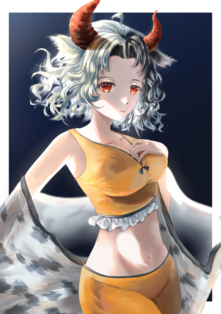 1girl absurdres animal_ears animal_print black_hair breasts cow_ears cow_horns cow_print crop_top grey_hair hekutaru highres horns multicolored_hair red_eyes red_horns short_hair shorts split-color_hair touhou two-tone_hair ushizaki_urumi yellow_crop_top yellow_shorts