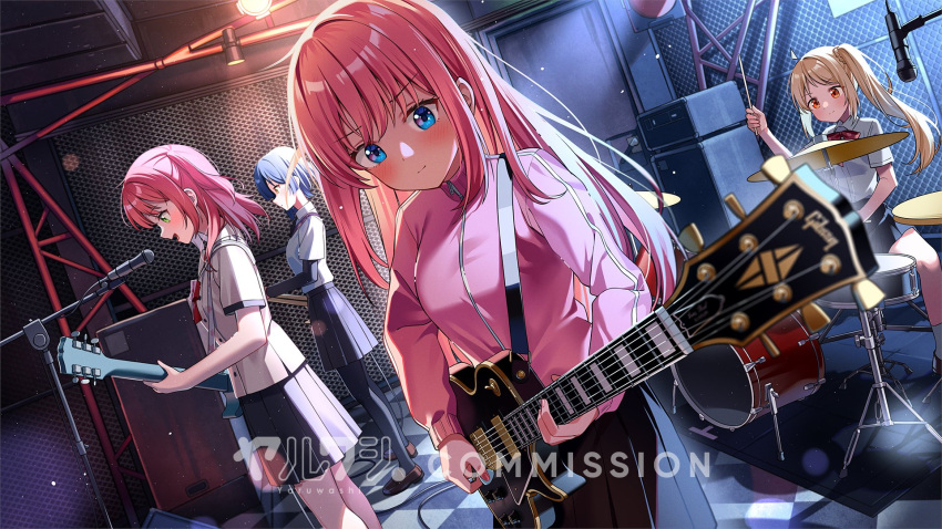 4girls band bass_guitar black_skirt blonde_hair blue_eyes blue_hair bocchi_the_rock! commentary commission drum drum_set electric_guitar english_commentary gibson_les_paul gotou_hitori guitar hair_between_eyes highres ijichi_nijika instrument jacket kita_ikuyo long_sleeves microphone multiple_girls pantyhose pink_hair pink_jacket ponytail school_uniform short_hair skirt watermark yamada_ryou yaruwashi