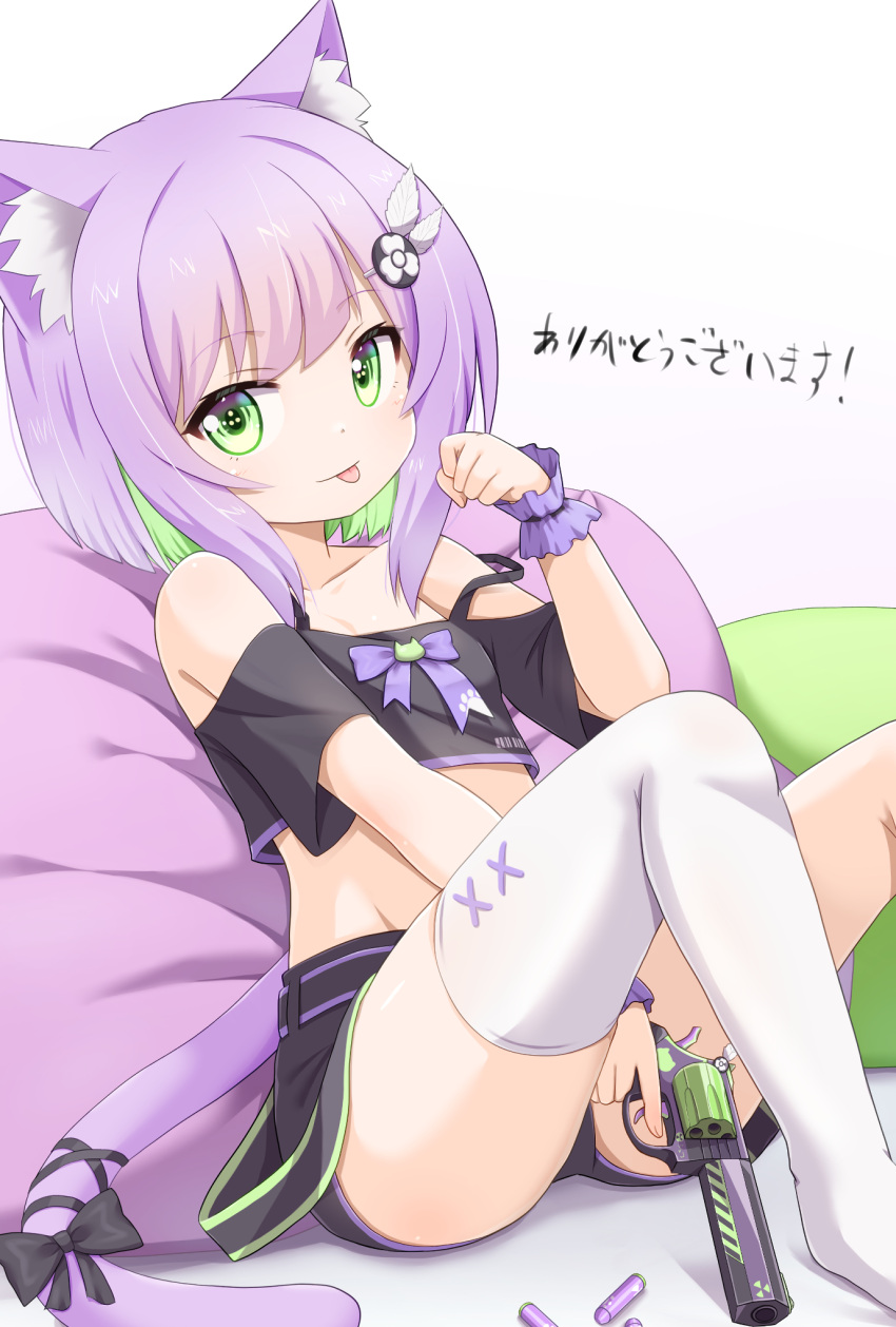 1girl :p animal_ear_fluff animal_ears arm_up black_shirt black_shorts cat_ears cat_girl cat_tail green_eyes gun hair_ornament handgun highres indie_virtual_youtuber midriff mogura2009 paw_pose pillow purple_hair shirt short_hair short_shorts short_sleeves shorts shwaa single_thighhigh sitting smile solo tail thigh-highs thighs tongue tongue_out virtual_youtuber weapon white_thighhighs