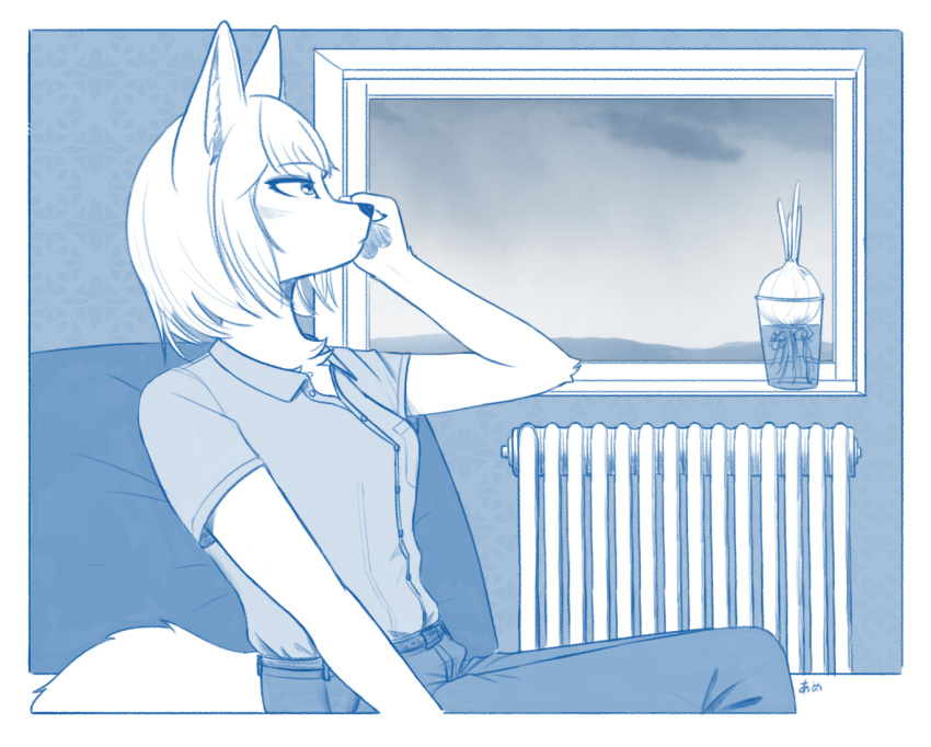 1girl animal_ear_fluff animal_ears animal_hands animal_nose arm_at_side bangs belt blue_theme bob_cut body_fur border breast_pocket breasts buttons claws closed_mouth clouds collared_shirt commentary_request cup day drinking_glass expressionless fox_ears fox_girl fox_tail from_side furry furry_female grey_sky hand_up head_rest indoors jeifier_(korfiorano01) looking_outside looking_up monochrome onion original outside_border pants partial_commentary pawpads pocket profile radiator romaji_commentary shirt shirt_tucked_in short_hair short_sleeves sidelocks sitting small_breasts snout solo tail water white_border window