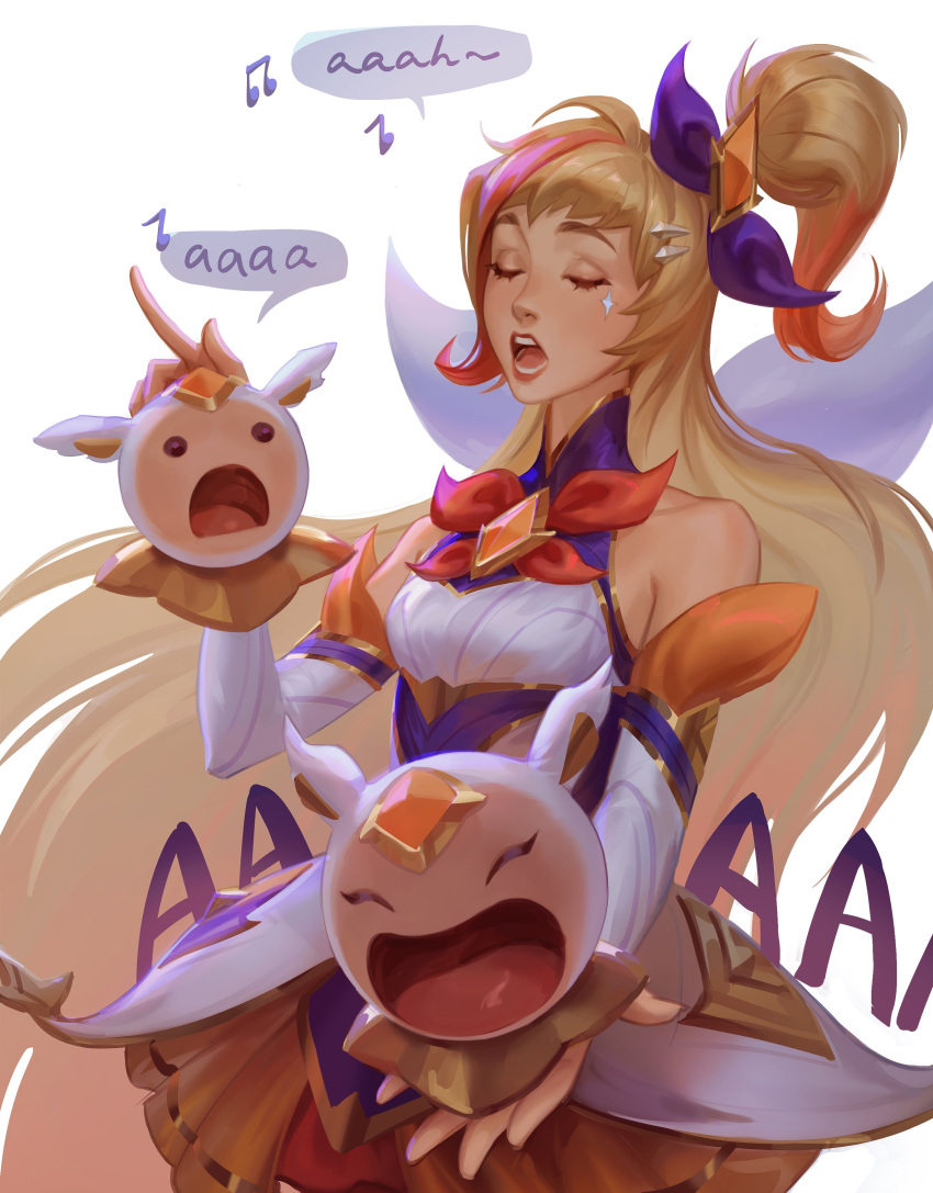:d absurdres aina_(mayexplode) bangs bare_shoulders black_eyes blonde_hair bow bowtie breasts closed_eyes cowboy_shot detached_sleeves gem hair_ornament hairclip highres holding league_of_legends long_hair long_sleeves music musical_note official_alternate_costume open_mouth pleated_skirt red_bow red_bowtie red_skirt seraphine_(league_of_legends) singing skirt small_breasts smile speech_bubble star_guardian_seraphine