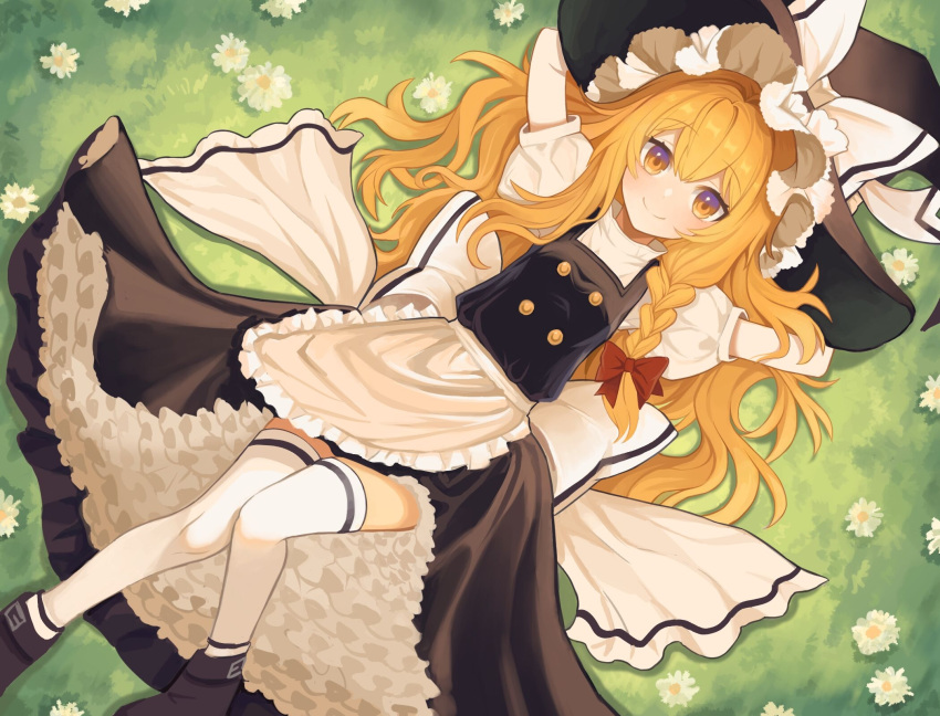1girl apron arm_behind_head back_bow black_footwear black_headwear black_skirt black_vest blonde_hair blush bow braid chinese_commentary closed_mouth commentary daisy flower from_above full_body grass haibajiya hair_bow hat hat_bow highres kirisame_marisa long_hair looking_at_viewer lying on_back petticoat puffy_short_sleeves puffy_sleeves red_bow shirt shoes short_sleeves single_braid skirt skirt_set smile solo split_mouth thigh-highs touhou vest waist_apron white_apron white_bow white_flower white_shirt white_thighhighs witch_hat yellow_eyes