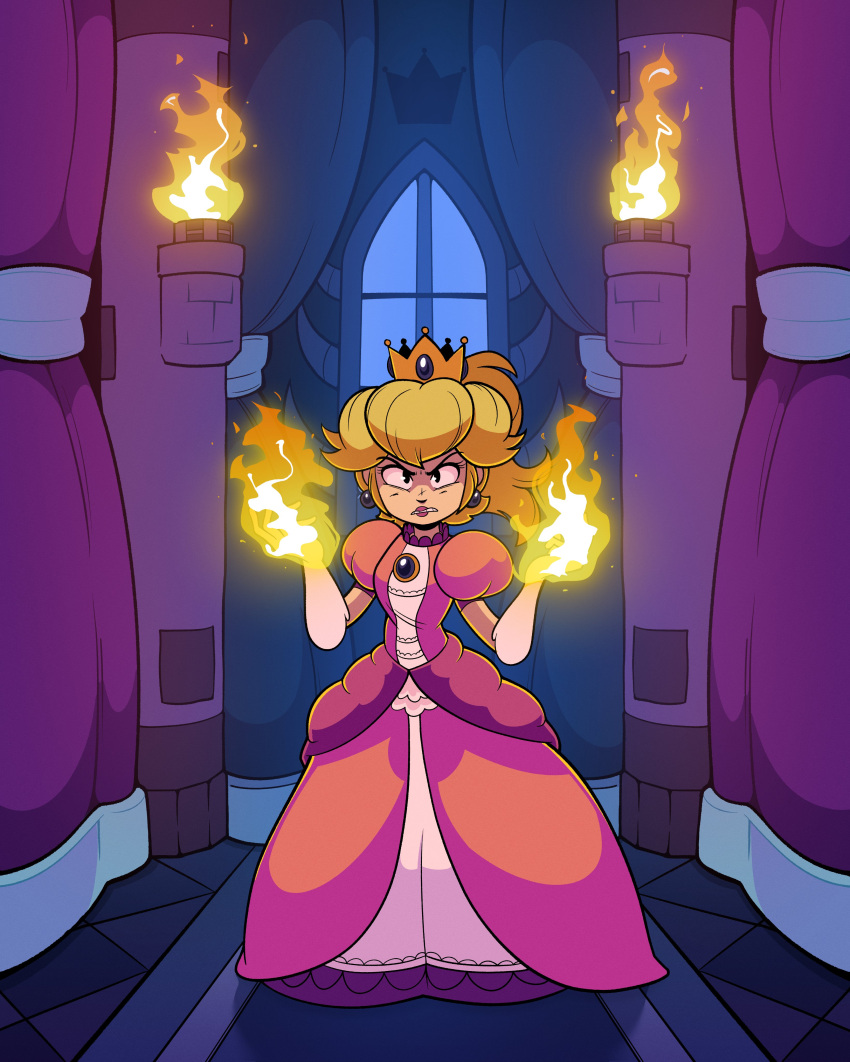 absurdres angry blonde_hair crown dress earrings gloves highres jewelry lipstick looking_at_viewer makeup matt_froese pink_dress pink_lips princess_peach solo super_mario_bros. white_gloves