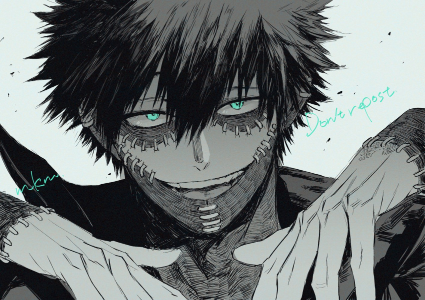1boy :d bangs boku_no_hero_academia dabi_(boku_no_hero_academia) greyscale hands_up looking_at_viewer male_focus mkm_(mkm_storage) monochrome portrait short_hair smile solo stitches