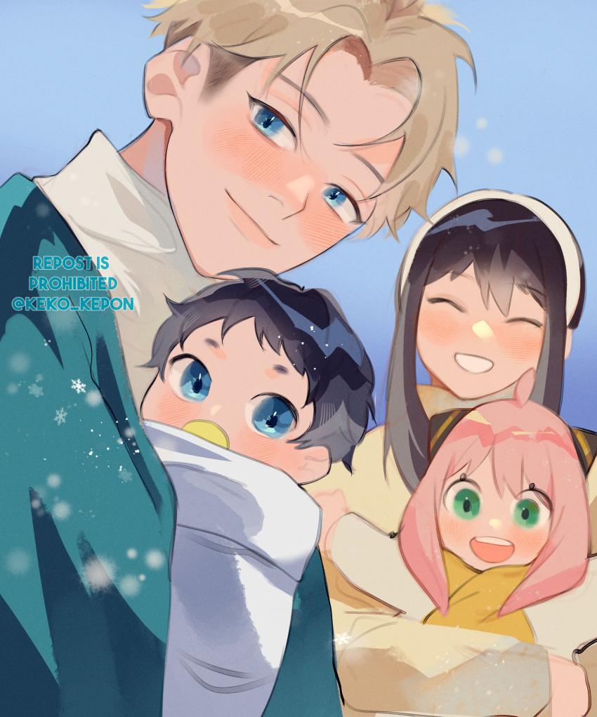 2boys 2girls absurdres anya_(spy_x_family) baby bangs black_hair blonde_hair blue_eyes blush carrying carrying_person english_commentary family father_and_daughter father_and_son female_child green_eyes hairband hairpods happy highres husband_and_wife if_they_mated keko_kepon long_hair long_sleeves looking_at_viewer male_child mother_and_daughter mother_and_son multiple_boys multiple_girls open_mouth pacifier pink_hair short_hair sidelocks smile snow snowflakes snowing spy_x_family teeth twilight_(spy_x_family) twitter_username upper_body upper_teeth_only white_hairband yor_briar