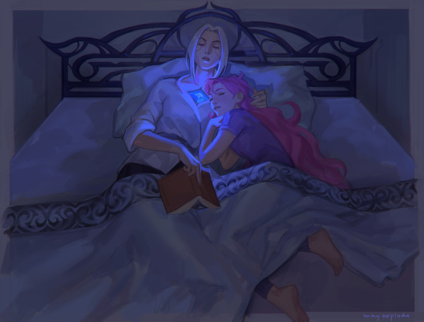 2girls aina_(mayexplode) bangs bed blanket blue_shirt book camille_(league_of_legends) closed_eyes closed_mouth grey_shirt highres holding holding_book league_of_legends long_hair lying multiple_girls on_back on_side open_book parted_bangs pillow pink_hair pink_shirt seraphine_(league_of_legends) shirt short_hair short_sleeves