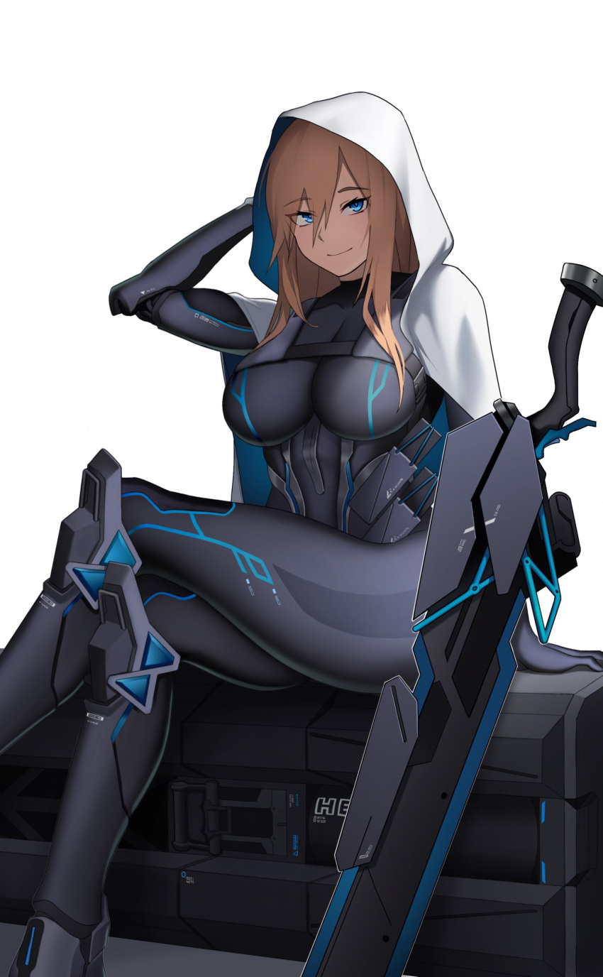 1girl absurdres black_bodysuit blonde_hair blue_eyes bodysuit box breasts cero_(last2stage) commission crossed_legs english_commentary highres impossible_clothes large_breasts looking_at_viewer medium_hair original sitting sitting_on_box skin_tight solo sword weapon