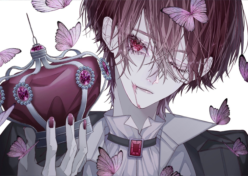 1boy bishounen blood blood_on_face bug butterfly crown crown_removed gem highres holding holding_crown male_focus one_eye_closed original red_butterfly red_eyes red_gemstone redhead sasame_20 short_hair sideways_glance solo upper_body