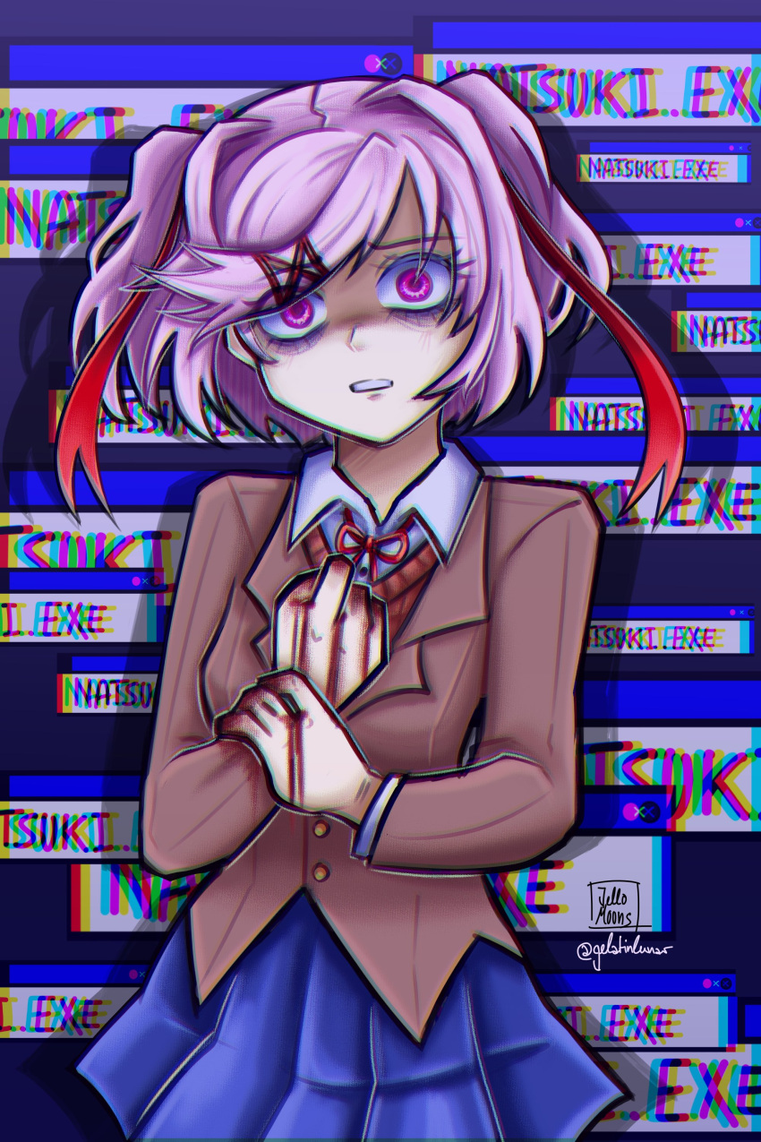 1girl absurdres artist_name blue_skirt bob_cut breasts brown_jacket brown_sweater_vest chromatic_aberration clenched_hand commentary constricted_pupils cowboy_shot dialogue_box dirty_hands doki_doki_literature_club dress_shirt drop_shadow furrowed_brow hair_intakes hair_ornament hair_over_one_eye hair_ribbon hand_on_own_chest highres holding_own_arm horrified horror_(theme) imminent_death jacket jello_moons looking_at_viewer natsuki_(doki_doki_literature_club) neck_ribbon open_clothes open_jacket parted_lips pink_hair pleated_skirt red_ribbon ribbon romaji_commentary scared school_uniform shaded_face shirt short_hair signature skirt small_breasts solo spoilers standing sweater_vest two_side_up user_interface vomit white_shirt wide-eyed x_hair_ornament