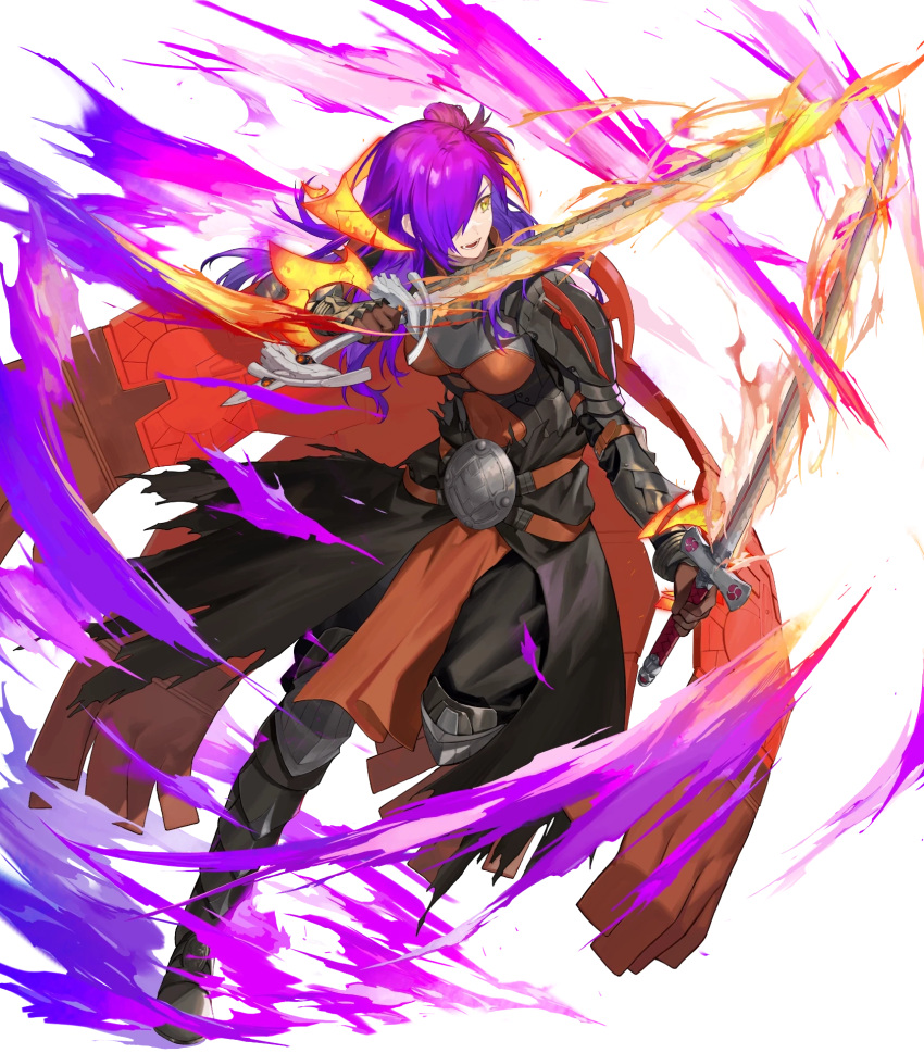 1girl armor armored_boots bangs belt boots breastplate breasts cape closed_mouth fire_emblem fire_emblem:_three_houses fire_emblem_heroes fire_emblem_warriors:_three_hopes full_body gauntlets hair_over_one_eye highres holding holding_weapon long_hair looking_at_viewer medium_breasts multiple_belts non-web_source noy official_art pelvic_curtain purple_hair reverse_grip shez_(fire_emblem) shez_(fire_emblem)_(female) shiny shiny_hair solo sword transparent_background violet_eyes weapon