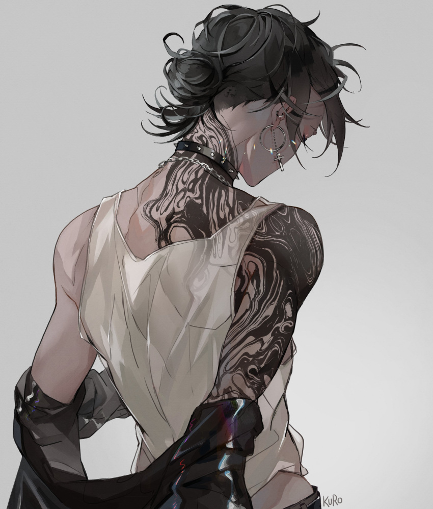 1boy absurdres artist_name bare_shoulders black_choker black_hair black_jacket chain_necklace choker commentary cross cross_earrings ear_piercing earrings english_commentary facing_away grey_background hair_bun highres hoop_earrings jacket jacket_partially_removed jewelry kamui_(kurohshiro1) male_focus medium_hair neck_tattoo necklace original piercing shirt shoulder_tattoo sidelocks simple_background single_hair_bun sleeveless sleeveless_shirt solo spiked_choker spikes tank_top tattoo upper_body white_shirt white_tank_top