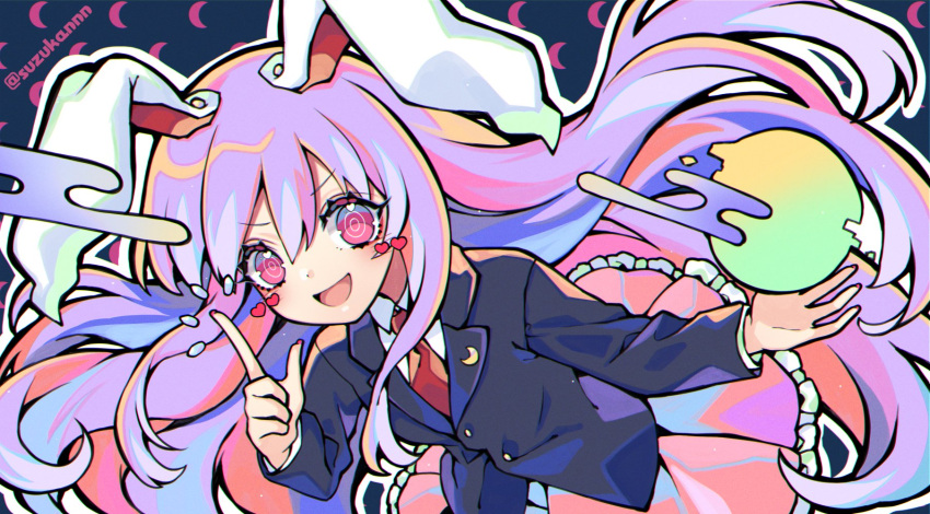 1girl alternate_eye_color alternate_hair_color animal_ears bangs black_jacket blue_background blue_hair blush breasts buttons clouds collared_jacket collared_shirt commentary_request crescent crescent_pin eyelashes fake_animal_ears fingernails frills hair_between_eyes hands_up heart highres jacket kyouda_suzuka long_fingernails long_hair long_sleeves looking_at_viewer medium_breasts moon multicolored_hair nail_polish necktie open_mouth orange_hair pink_eyes pink_hair pink_skirt pointing purple_hair rabbit_ears red_nails red_necktie redhead reisen_udongein_inaba ringed_eyes shadow shirt sidelocks skirt smile solo tongue touhou twitter_username v-shaped_eyebrows watermark white_shirt