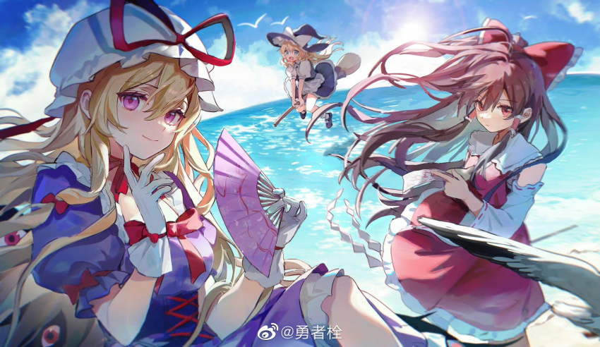 3girls :/ apron bird black_bird black_footwear black_headwear black_shirt black_skirt blonde_hair blue_eyes blush bow broom broom_riding brown_hair chinese_commentary closed_mouth clouds commentary_request day detached_sleeves dress floating_hair frilled_bow frilled_hair_tubes frills gap_(touhou) gloves guoshixing hair_bow hair_tubes hakurei_reimu hand_fan hat hat_bow hat_ribbon highres holding holding_fan kirisame_marisa lens_flare long_hair looking_at_viewer mary_janes multiple_girls neck_ribbon ocean ofuda open_mouth purple_dress red_bow red_dress red_eyes red_ribbon ribbon ribbon-trimmed_sleeves ribbon_trim shirt shoes sidelocks skirt skirt_set sky socks sun touhou waist_apron water weibo_logo weibo_username white_apron white_bow white_gloves white_headwear white_shirt white_sleeves white_socks wide_sleeves witch_hat yakumo_yukari
