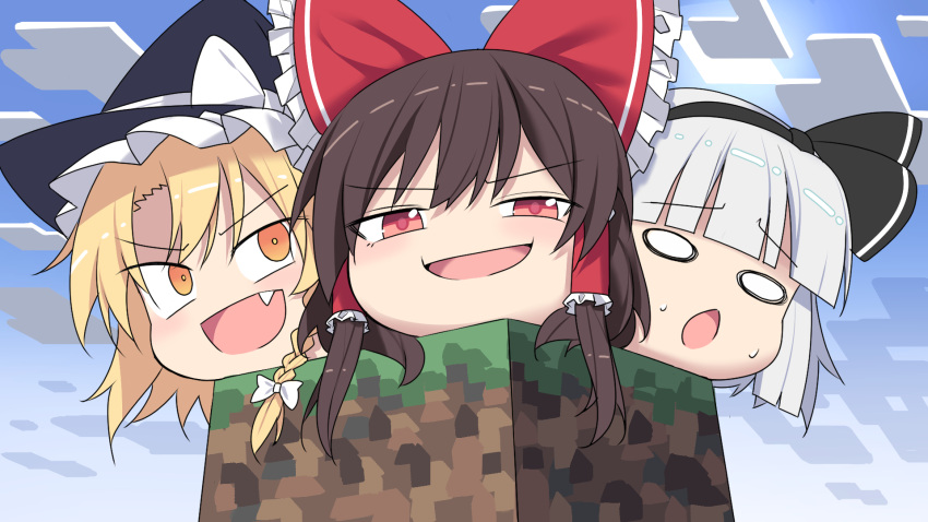 3girls black_hairband black_headwear black_ribbon blonde_hair bow braid brown_hair e.o. fang hair_bow hair_ribbon hair_tubes hairband hakurei_reimu hat highres kirisame_marisa konpaku_youmu long_hair minecraft multiple_girls open_mouth red_bow red_eyes ribbon short_hair sidelocks single_braid smile touhou white_hair witch_hat yellow_eyes yukkuri_shiteitte_ne