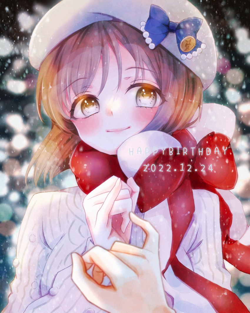 1boy 1girl beret blurry blush bokeh brown_hair dated depth_of_field hagiwara_yukiho happy_birthday hat highres idolmaster idolmaster_(classic) idolmaster_million_live! kori_(spinsongs) looking_at_viewer outdoors pinky_out pinky_swear pov pov_hands red_scarf scarf smile snow snowing sweater upper_body white_headwear white_sweater