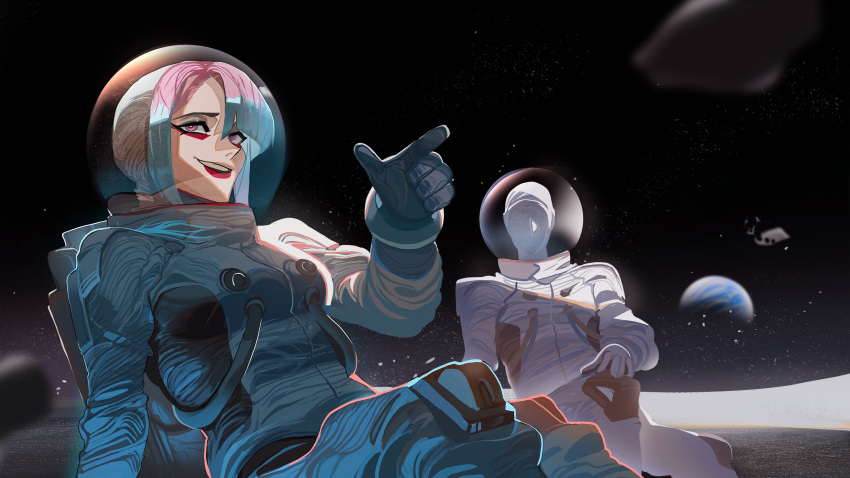 1girl 1other :d blue_hair breasts cyberpunk_(series) cyberpunk_edgerunners earth_(planet) eyeliner faceless highres lucy_(cyberpunk) makeup multicolored_hair open_mouth pink_hair planet pointing red_lips savadava short_hair sitting smile space space_helmet spacesuit teeth two-tone_hair violet_eyes