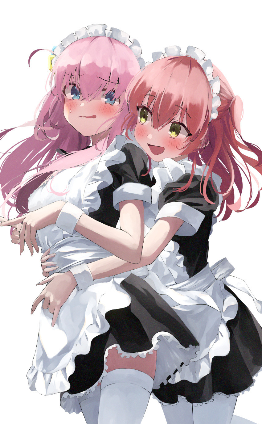 2girls :d absurdres alternate_costume arisugawa_bii blue_eyes blush bocchi_the_rock! enmaided gotou_hitori green_eyes hair_between_eyes highres hug hug_from_behind kita_ikuyo long_hair maid maid_headdress multiple_girls open_mouth pink_hair redhead short_hair short_sleeves simple_background smile standing thigh-highs wavy_mouth white_background white_thighhighs yuri