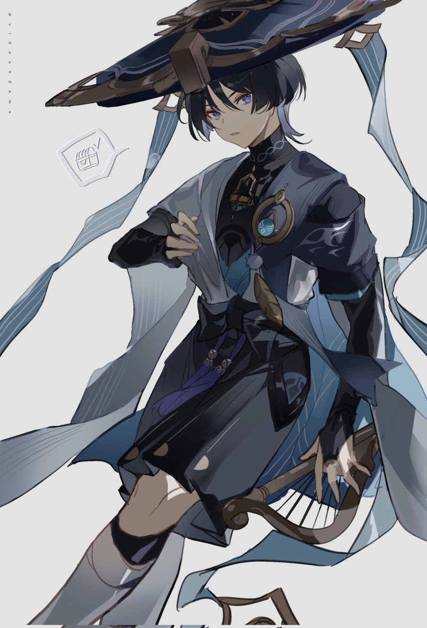 1boy bishounen black_hair blue_eyes feathers genshin_impact hat highres japanese_clothes looking_at_viewer male_focus scaramouche_(genshin_impact) short_hair shorts simple_background solo vidoakdame vision_(genshin_impact) wanderer_(genshin_impact) white_background