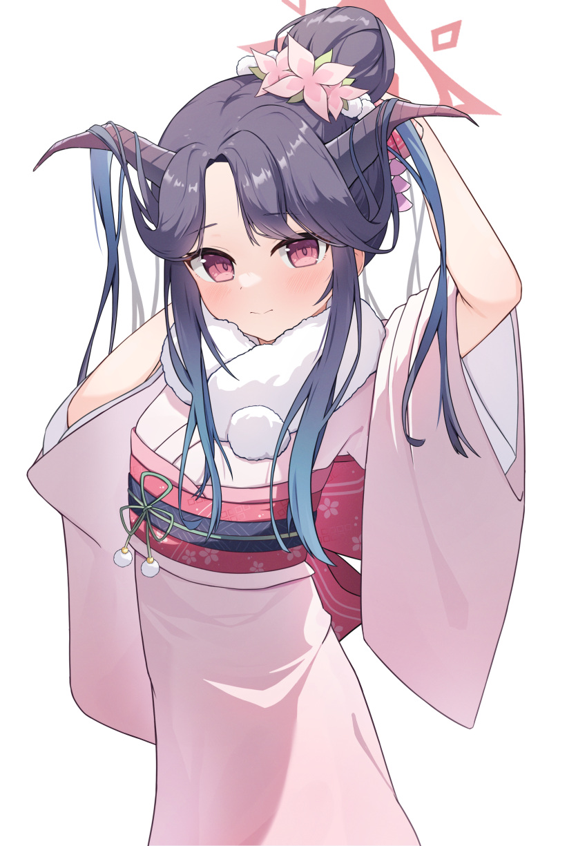 1girl absurdres arms_up black_hair blue_archive blush flower fur_trim fuuka_(blue_archive) fuuka_(new_year)_(blue_archive) hair_bun hair_flower hair_ornament halo highres horns japanese_clothes kimono looking_at_viewer nonddu sash simple_background single_hair_bun solo violet_eyes white_background