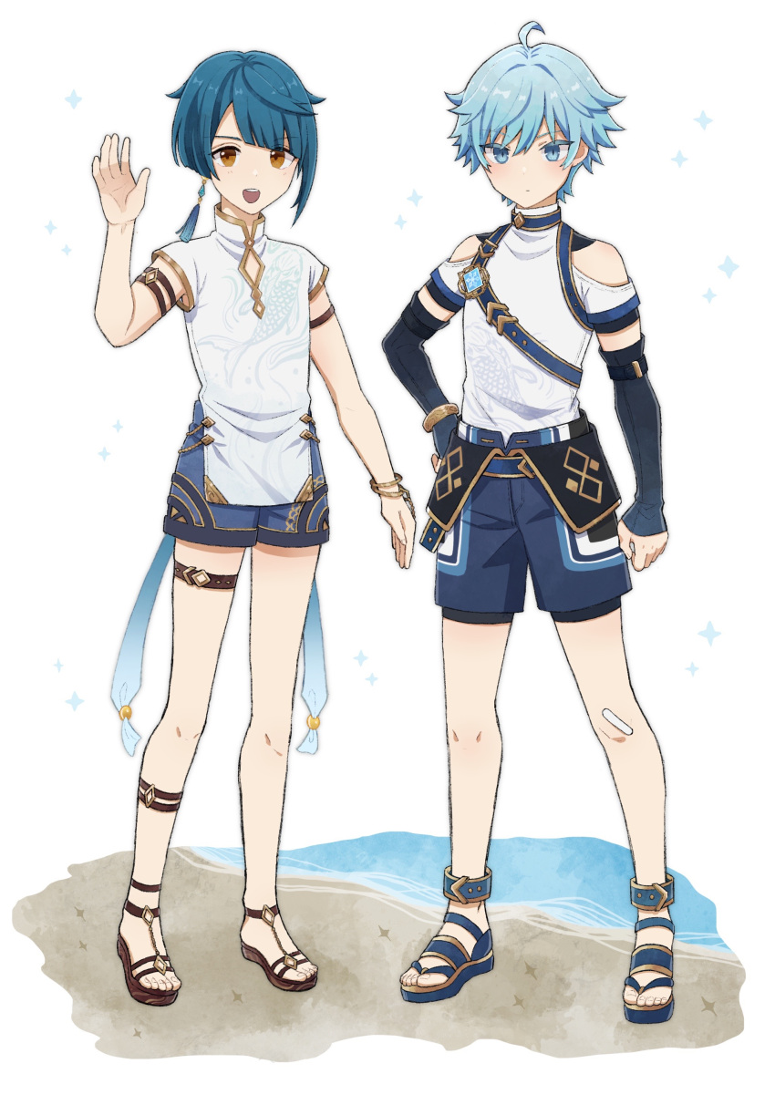 2boys absurdres ahoge animal_print armband asymmetrical_bangs bandaid bandaid_on_knee bandaid_on_leg bangs bare_shoulders bishounen blue_eyes blue_hair chongyun_(genshin_impact) commentary commentary_request detached_sleeves earrings fish_print full_body genshin_impact hair_between_eyes hand_on_hip highres jewelry k0ta03rou legband looking_at_viewer male_focus multiple_boys open_mouth sandals shirt short_hair short_sleeves shorts simple_background single_earring tassel tassel_earrings toes waving_arm white_shirt wristband xingqiu_(genshin_impact) yellow_eyes