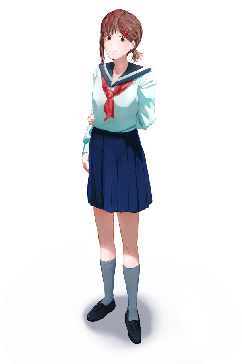 1girl arm_behind_back bangs black_footwear blue_skirt brown_hair chainsaw_man full_body grey_socks hair_ornament hairclip hand_on_own_elbow hdhenry higashiyama_kobeni highres looking_at_viewer medium_hair neckerchief pleated_skirt red_neckerchief school_uniform serafuku shirt short_ponytail side_ponytail simple_background single_sidelock skirt socks solo swept_bangs white_background white_shirt