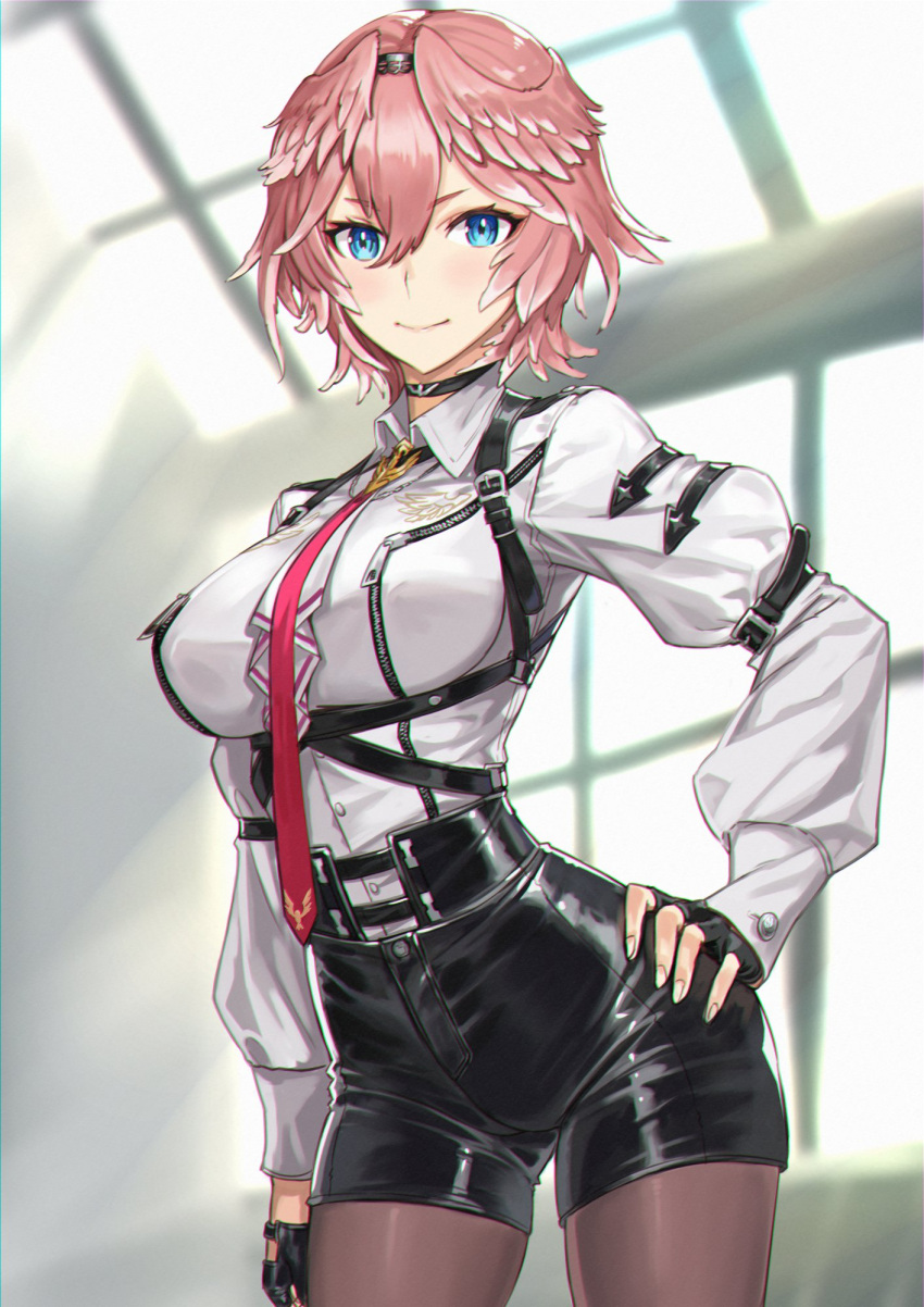 1girl ass_visible_through_thighs bangs black_choker black_gloves blue_eyes breast_zipper breasts choker collared_shirt commentary_request fingerless_gloves gloves hair_between_eyes hair_wings hairband hand_on_hip head_wings headband high-waist_shorts highres hololive large_breasts legwear_under_shorts long_sleeves looking_at_viewer multicolored_hair necktie ninnin_(shishitou) pantyhose pantyhose_under_shorts pink_hair puffy_long_sleeves puffy_sleeves revision shirt short_hair shorts smile solo streaked_hair takane_lui taut_clothes two-tone_hair virtual_youtuber white_shirt zipper zipper_pull_tab