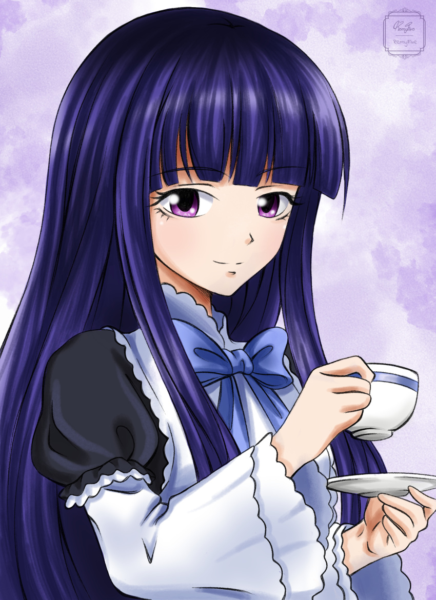 1girl absurdres bangs blue_bow blunt_bangs bow cup faux_traditional_media frederica_bernkastel highres hime_cut holding holding_cup holding_saucer juliet_sleeves long_hair long_sleeves puffy_sleeves purple_hair remyfive saucer smile solo teacup umineko_no_naku_koro_ni upper_body violet_eyes watercolor_effect wide_sleeves