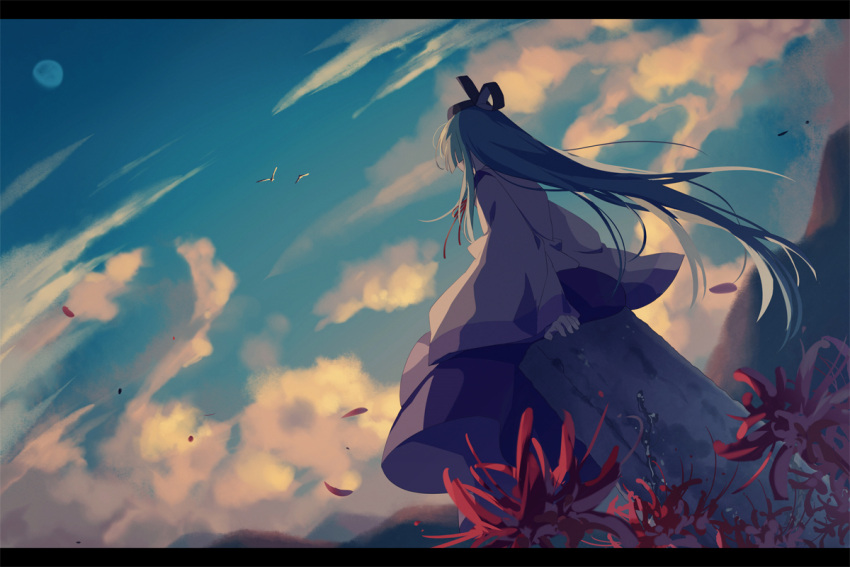 1girl akinomiya_asuka black_headwear blue_sky clouds commentary_request detached_sleeves flower green_hair hat japanese_clothes kariginu kimono long_hair long_sleeves mystical_power_plant original outdoors purple_kimono red_flower sitting sky solo spider_lily suitokuin_tenmu tate_eboshi tombstone touhou