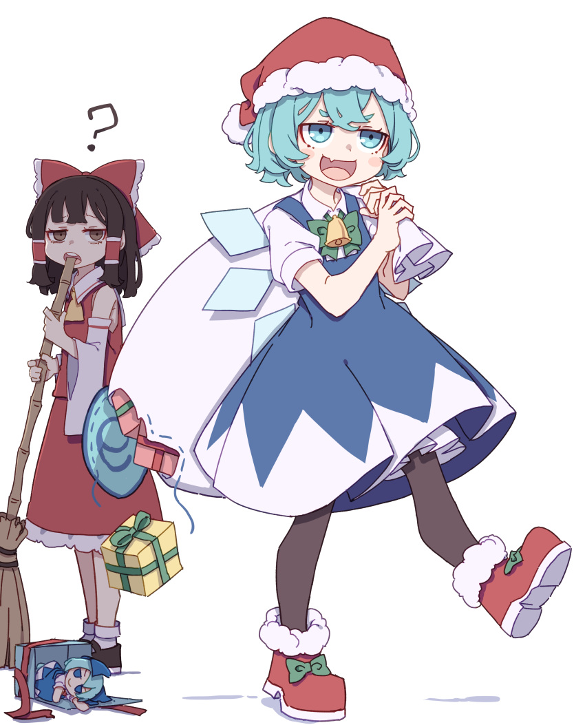 ? absurdres ascot bamboo_broom bangs bell blue_bow blue_eyes blue_hair bow breasts broom brown_eyes brown_hair christmas circled_9 cirno collared_shirt detached_sleeves dress flat_chest frilled_skirt frills full_body fumo_(doll) gift hair_bow hakurei_reimu hat highres holding holding_sack ice ice_wings kame_(kamepan44231) neck_ribbon open_mouth pantyhose pinafore_dress red_footwear red_ribbon red_shirt red_skirt ribbon sack santa_hat shirt short_hair skirt skirt_set sleeveless sleeveless_shirt small_breasts smile touhou white_shirt white_sleeves wide_sleeves wings yellow_ascot