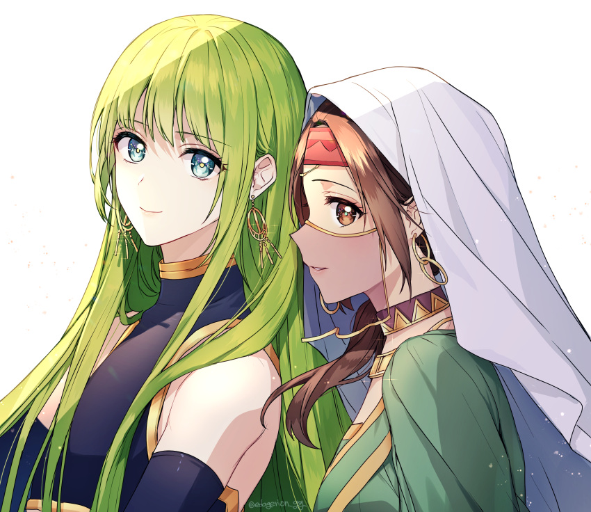 1girl 1other androgynous arabian_clothes artist_name bangs bare_shoulders black_gloves black_shirt blush brown_eyes brown_hair closed_mouth commentary earrings ede elbow_gloves enkidu_(fate) eyelashes fate/grand_order fate_(series) fingerless_gloves gloves gold_earrings gold_trim green_eyes green_hair hair_over_shoulder headband highres hoop_earrings jewelry light_particles long_hair looking_at_viewer low_ponytail mouth_veil neck_ring necklace parted_bangs parted_lips ponytail profile red_headband see-through shirt sidelocks sideways_glance siduri_(fate) simple_background sleeveless sleeveless_shirt smile turtleneck twitter_username upper_body veil white_background white_hood