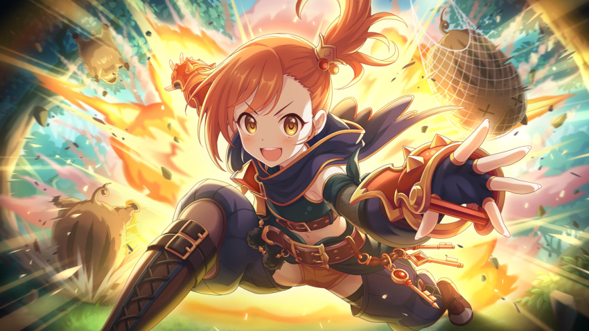 1girl dynamic_pose explosion looking_ahead looking_at_viewer medium_hair misogi_(princess_connect!) official_art open_mouth orange_hair princess_connect! yellow_eyes
