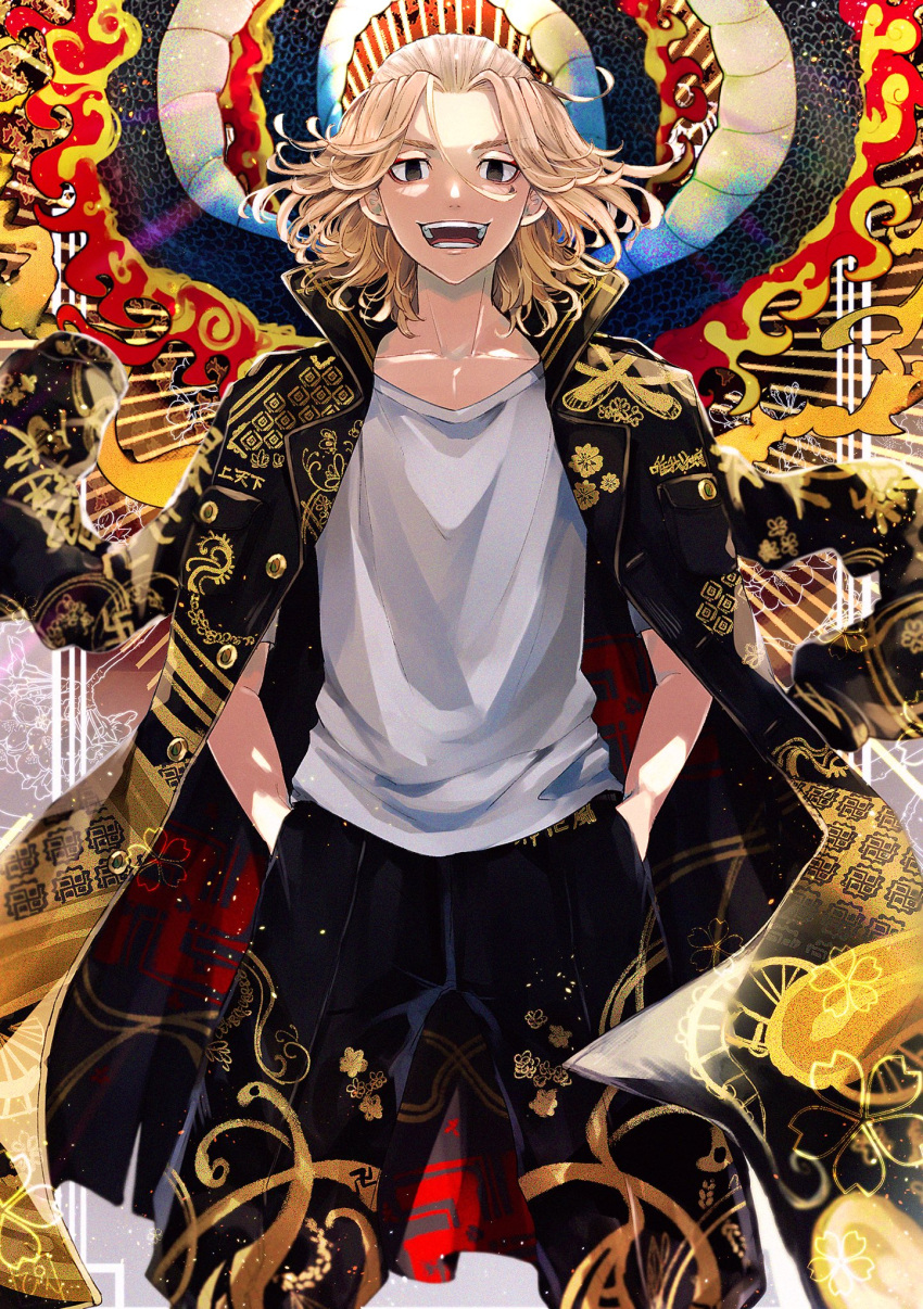 1boy black_coat black_eyes black_pants blonde_hair coat coat_on_shoulders collarbone cowboy_shot empty_eyes hands_in_pockets highres hiyotterupin male_focus medium_hair open_mouth pants sano_manjirou shirt smile solo standing tokyo_revengers white_shirt