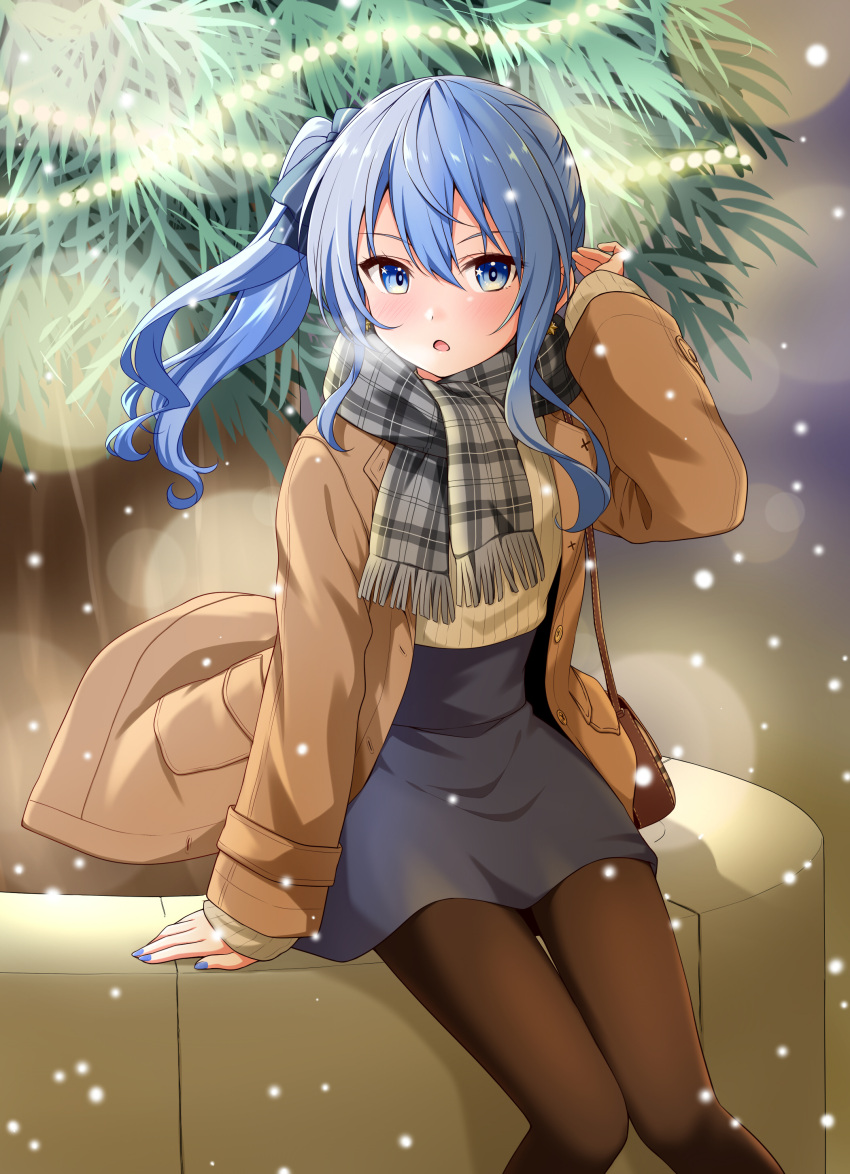 1girl absurdres bangs black_pantyhose blue_eyes blue_hair blue_nails bow brown_coat coat felutiahime floating_hair grey_scarf grey_skirt hair_between_eyes hair_bow high-waist_skirt highres hololive hoshimachi_suisei long_hair long_sleeves looking_at_viewer miniskirt nail_polish open_clothes open_coat open_mouth outdoors pantyhose plaid plaid_scarf ribbed_sweater scarf shiny shiny_hair side_ponytail sitting skirt snowing solo sweater thigh_gap virtual_youtuber yellow_sweater