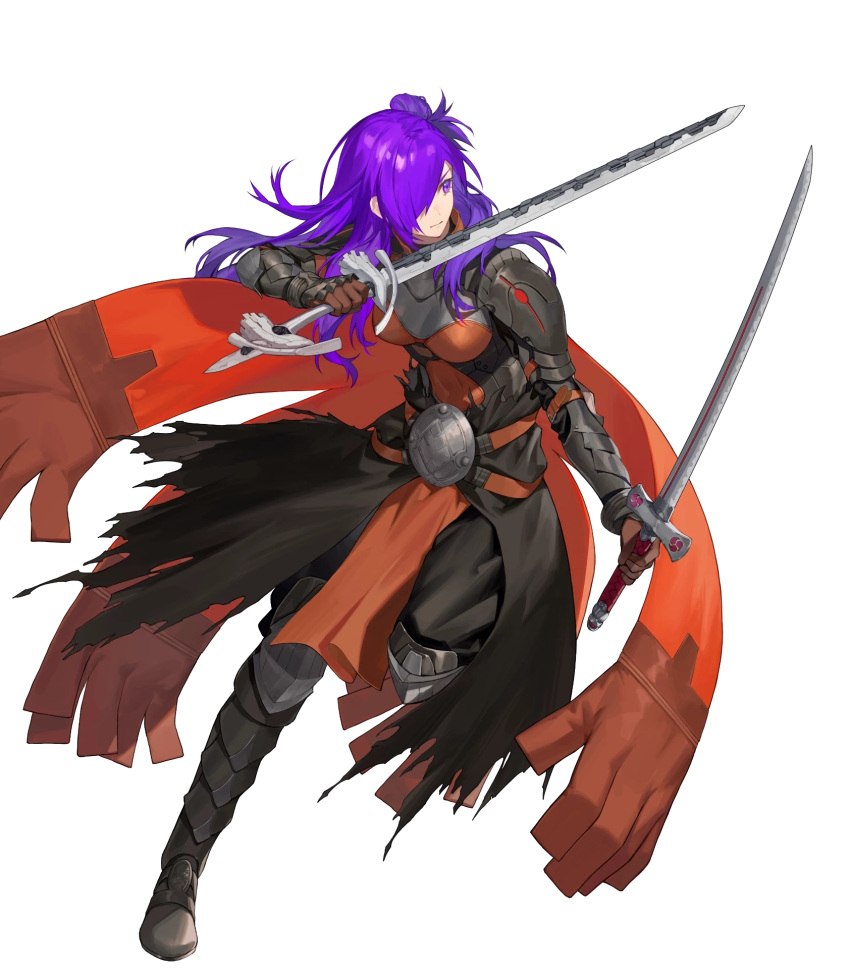 1girl armor armored_boots bangs belt boots breastplate breasts cape closed_mouth fire_emblem fire_emblem:_three_houses fire_emblem_heroes fire_emblem_warriors:_three_hopes full_body gauntlets hair_over_one_eye highres holding holding_weapon long_hair looking_at_viewer medium_breasts multiple_belts non-web_source noy official_art pelvic_curtain purple_hair reverse_grip shez_(fire_emblem) shez_(fire_emblem)_(female) shiny shiny_hair solo sword transparent_background violet_eyes weapon