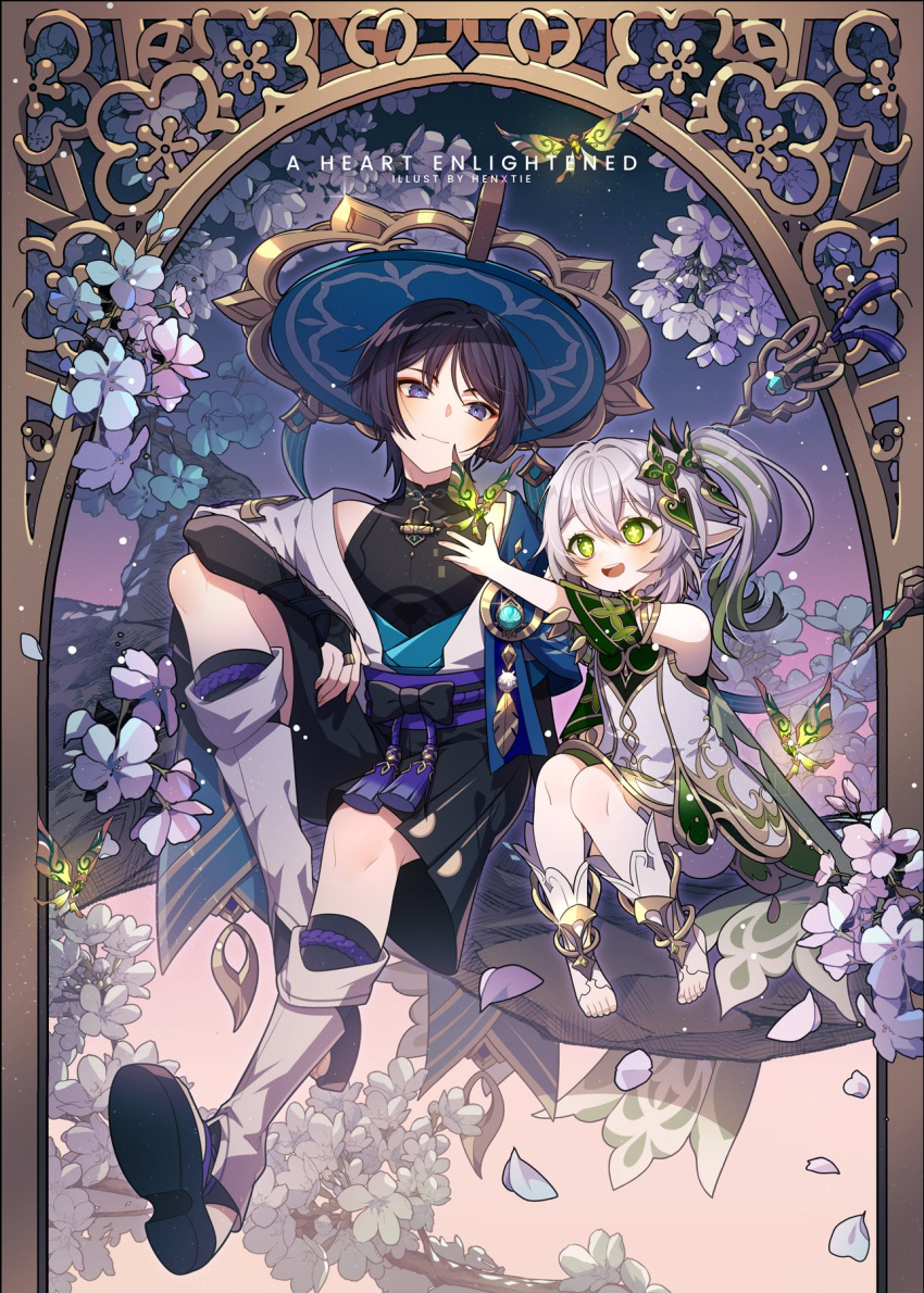 1boy 1girl artist_name english_text full_body genshin_impact green_eyes grey_hair hat henxtie highres long_hair nahida_(genshin_impact) outdoors purple_hair sandals scaramouche_(genshin_impact) short_hair shorts sleeveless smile tree violet_eyes wanderer_(genshin_impact)