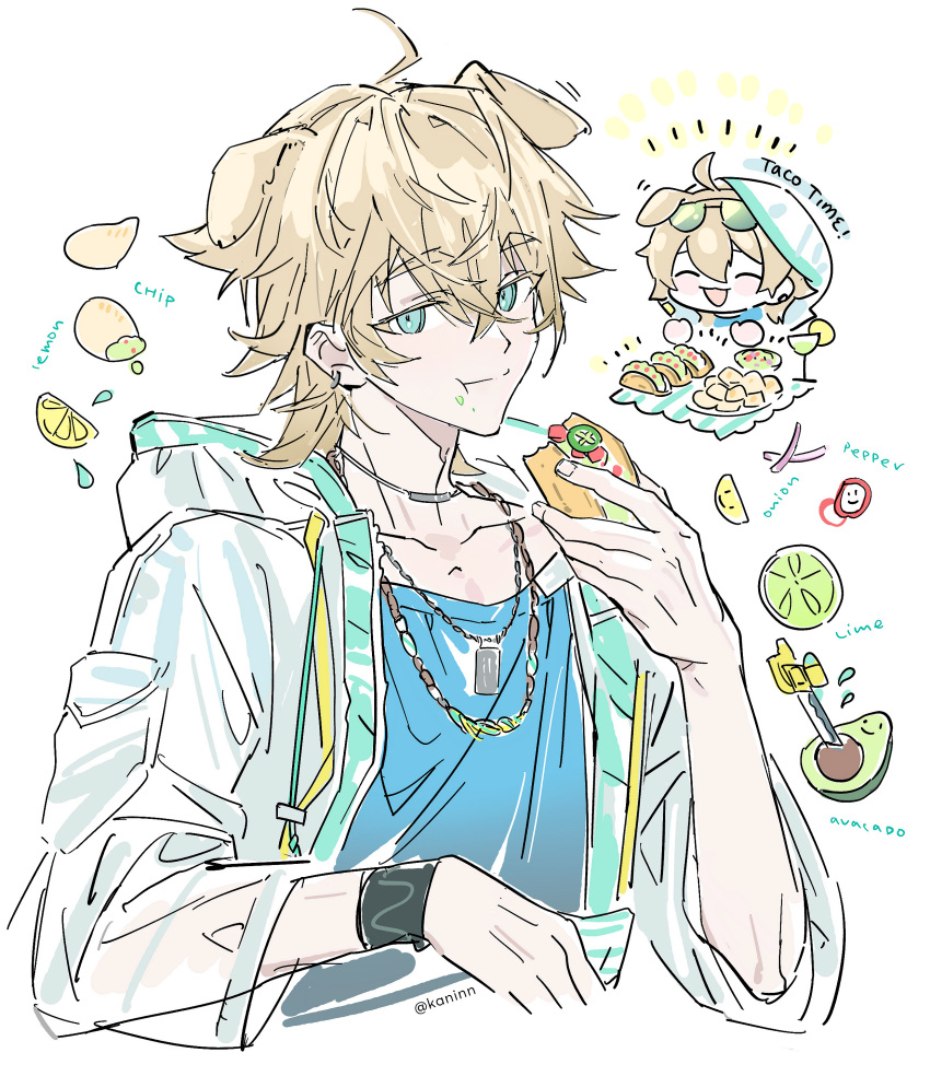 1boy :3 :d absurdres arknights avocado bell_pepper blonde_hair blue_eyes blue_shirt chibi chibi_inset collarbone commentary dog_boy dog_tags english_commentary eyewear_on_head food fruit highres holding holding_food infection_monitor_(arknights) jacket jewelry kaninn knife lemon lime_(fruit) lime_slice male_focus necklace onion open_mouth see-through see-through_jacket shirt simple_background smile solo taco tequila_(arknights) upper_body white_background white_jacket
