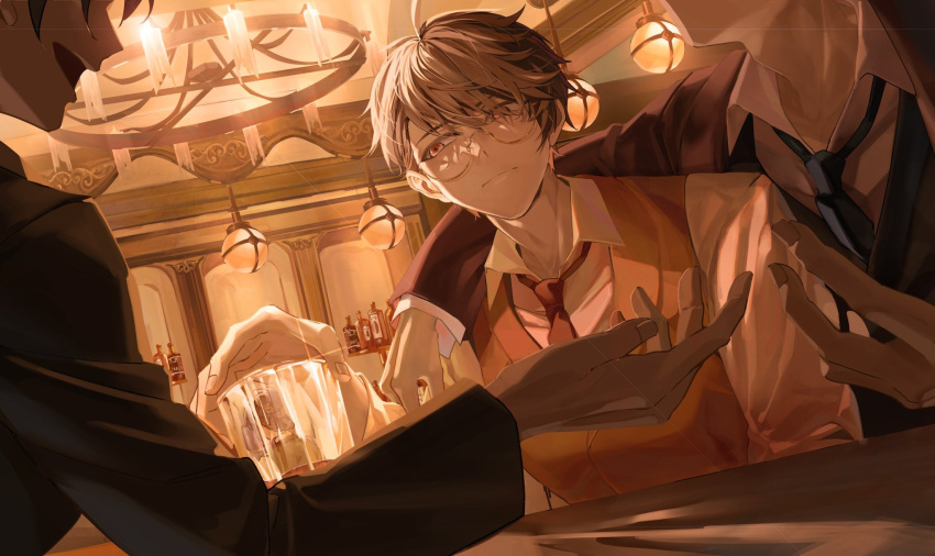 3boys :d alcohol bangs bar_(place) black_shirt black_vest blue_necktie bottle brown_eyes brown_hair brown_jacket brown_vest chandelier closed_mouth collared_shirt cup drinking_glass formal glasses highres holding holding_cup indoors jacket jingsang_w long_sleeves luke_pearce_(tears_of_themis) male_focus multiple_boys necktie open_mouth red_necktie shirt smile tears_of_themis vest whiskey white_shirt wine_bottle wine_glass