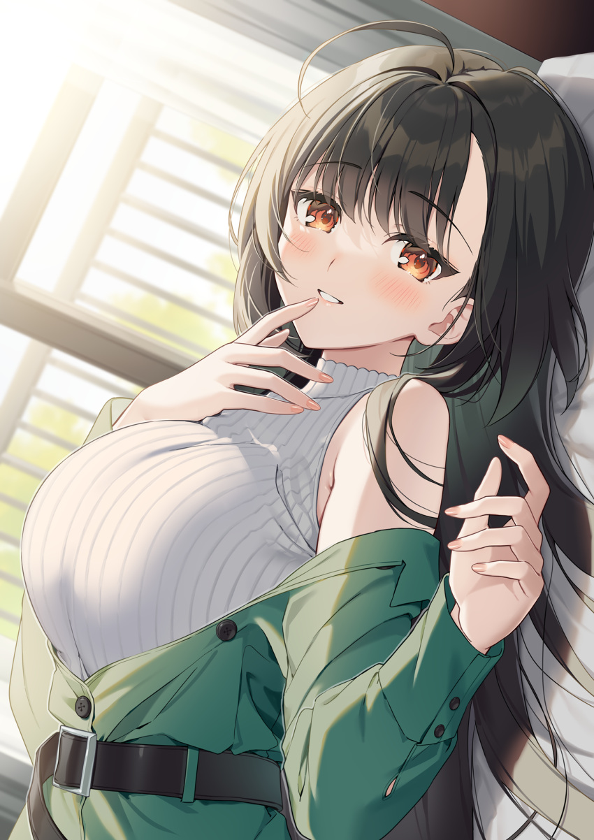 1girl ahoge bangs bare_shoulders belt black_belt black_hair blush breasts casual commentary_request cover cover_page day dutch_angle eyebrows eyebrows_visible_through_hair eyelashes female ga_bunko green_jacket hair_over_shoulder highres huge_breasts indoors jacket kuroki_(ma-na-tu) large_breasts long_hair long_sleeves looking_at_viewer lying novel_cover novel_illustration official_art on_bed open_mouth red_eyes red_nails short_hair sidelocks smile solo sunlight sweater turtleneck turtleneck_sweater white_sweater window