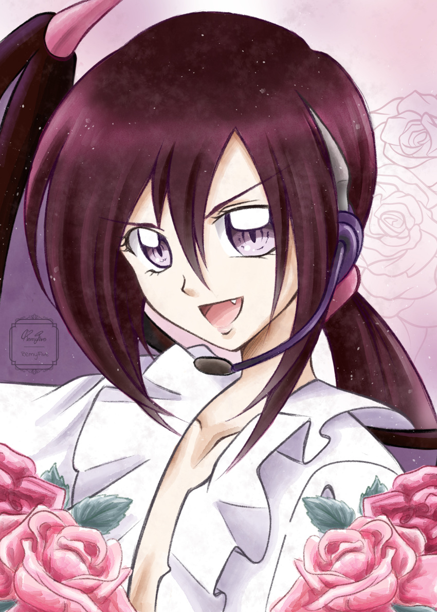 1boy absurdres androgynous artist_name fang flower headset highres lady_bat long_hair male_focus mermaid_melody_pichi_pichi_pitch open_mouth pink_flower pink_rose ponytail redhead remyfive rose signature smile solo violet_eyes wings