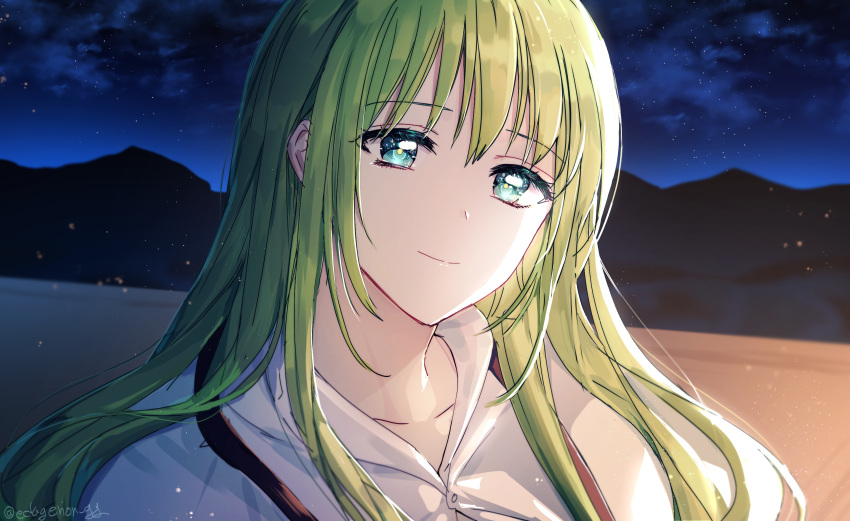 1other androgynous artist_name bangs closed_mouth clouds collarbone commentary ede enkidu_(fate) eyelashes fate/grand_order fate_(series) green_eyes green_hair head_tilt highres lake long_hair looking_at_viewer mountain night night_sky other_focus outdoors shirt sidelocks silhouette sky smile solo star_(sky) starry_sky twitter_username upper_body water white_shirt