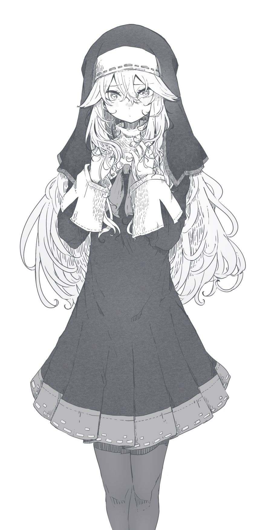 1girl absurdres bangs blush bow bowtie closed_mouth frown habit hair_between_eyes hair_flaps highres long_hair long_sleeves looking_at_viewer monochrome nun original pantyhose puffy_long_sleeves puffy_sleeves shichisaburo simple_background skirt solo very_long_hair