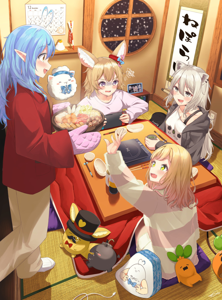 4girls @_@ absurdres ahoge alternate_costume animal_ears arrow_(projectile) black_jacket blonde_hair blue_bow blue_hair blush bow bowl breasts brown_pants calendar_(object) casual chopstick_rest chopsticks collarbone commentary cup cushion daifuku_(yukihana_lamy) drooling ear_piercing ear_scrunchie fang fish_cake floating food fox_ears green_eyes grey_eyes grey_hair hair_between_eyes hamaya handheld_game_console hanging_scroll heart heart_ahoge highres holding holding_handheld_game_console hololive hood hooded_jacket hot_plate hungry indoors jacket kagami_mochi kotatsu light_blue_hair lion_ears long_hair looking_at_another medium_breasts medium_hair mocacoco339 momosuzu_nene multiple_girls nabe nekko_(momosuzu_nene) nepolabo new_year night nintendo_switch off_shoulder omaru_polka open_clothes open_jacket open_mouth orange_eyes oven_mitts pants picture_frame piercing plaid plaid_bow playing_games pointy_ears profile purple_shirt red_jacket round_window saliva scroll shiitake shirt shishiro_botan signature sitting smile snow snowing socks sparkling_eyes squiggle ssrb_(shishiro_botan) steam striped striped_sweater sweat sweatdrop sweater sweating_profusely symbol-only_commentary table tatami teacup tofu violet_eyes virtual_youtuber wavy_mouth white_shirt white_socks window yukihana_lamy zain_(omaru_polka)