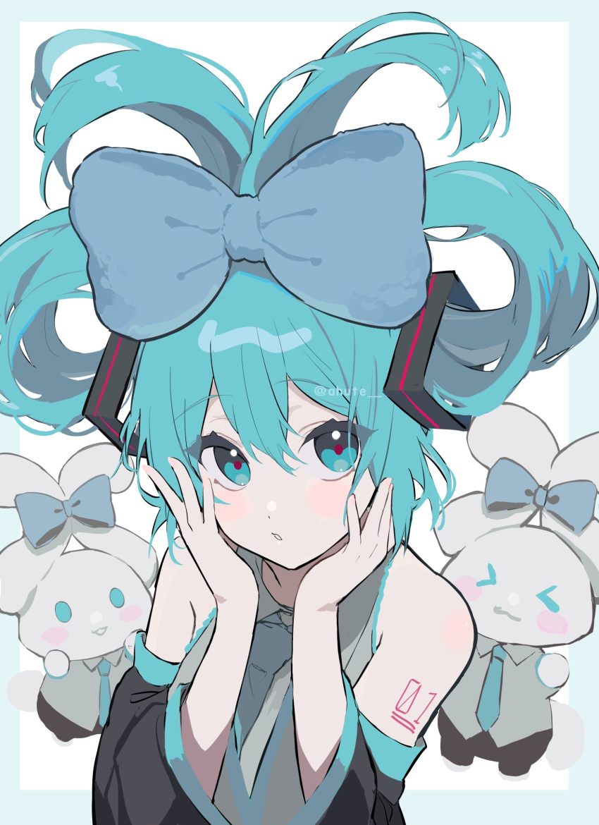 &gt;_&lt; 1girl absurdres ahute aqua_eyes aqua_hair aqua_necktie bangs bare_shoulders blue_border blue_bow blush border bow cinnamiku collared_shirt commentary detached_sleeves double_bun grey_shirt hair_between_eyes hair_bow hair_bun hair_rings hands_up hatsune_miku highres looking_at_viewer necktie open_mouth shirt simple_background solo_focus tied_ears twitter_username updo upper_body vocaloid watermark white_background
