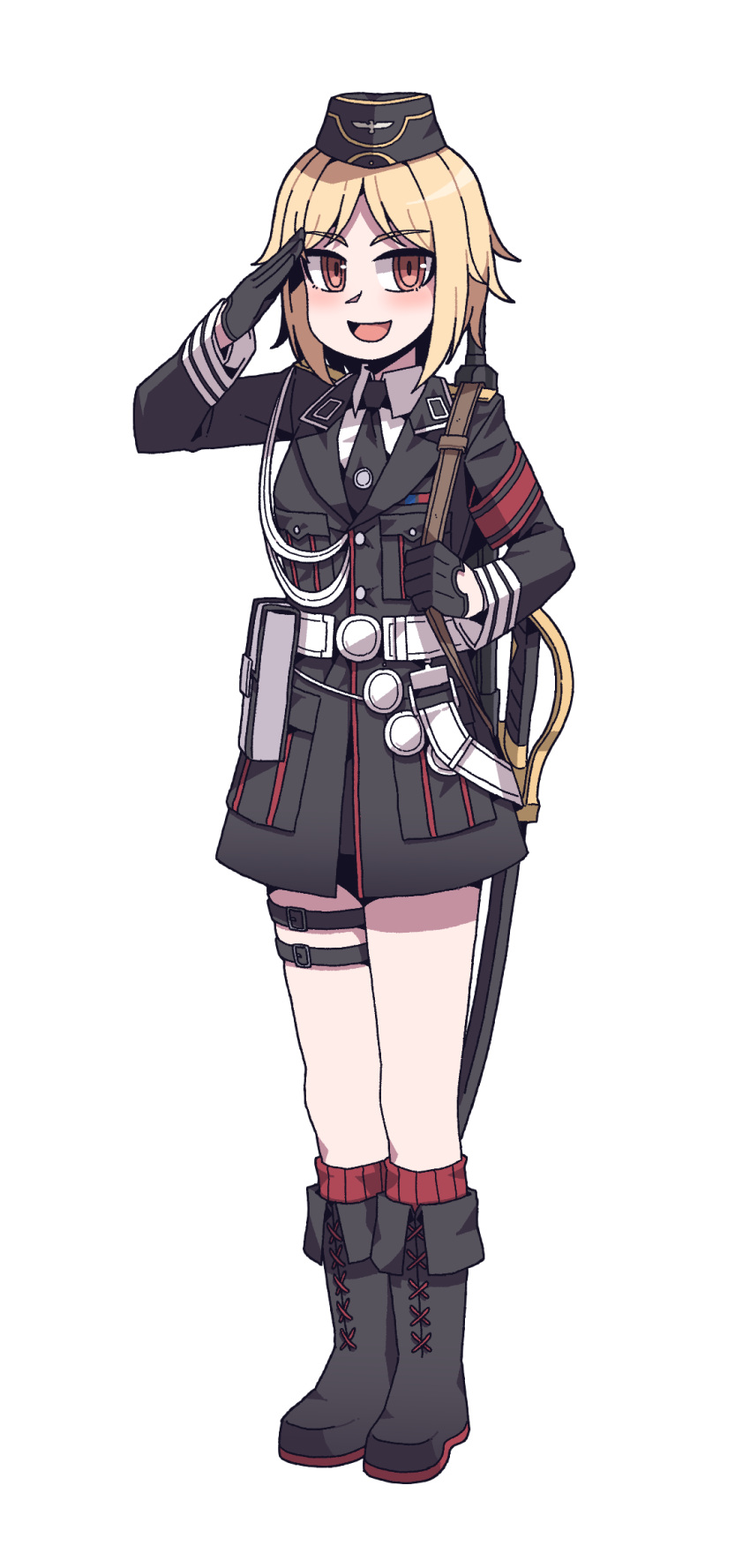 1girl black_footwear black_gloves blonde_hair blush boots brown_eyes commission full_body garrison_cap girls_frontline gloves gun gun_on_back hat highres holding kare lapels long_sleeves looking_at_viewer military military_hat military_uniform mp40 mp40_(girls'_frontline) necktie non-web_source notched_lapels open_mouth red_socks ribbed_socks saber_(weapon) salute sheath sheathed shirt short_hair simple_background sling smile socks solo standing submachine_gun sword tachi-e thigh_strap transparent_background uniform weapon weapon_on_back