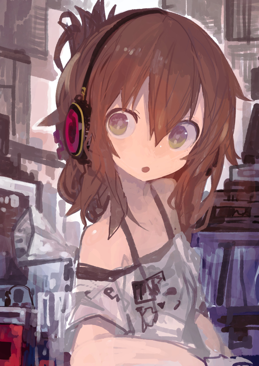 1girl :o absurdres arm_rest bangs brown_eyes brown_hair eyebrows_hidden_by_hair folded_ponytail hair_between_eyes headphones highres inazuma_(kancolle) indoors kaamin_(mariarose753) kantai_collection medium_hair no_nose off-shoulder_shirt off_shoulder open_mouth shirt solo upper_body white_shirt