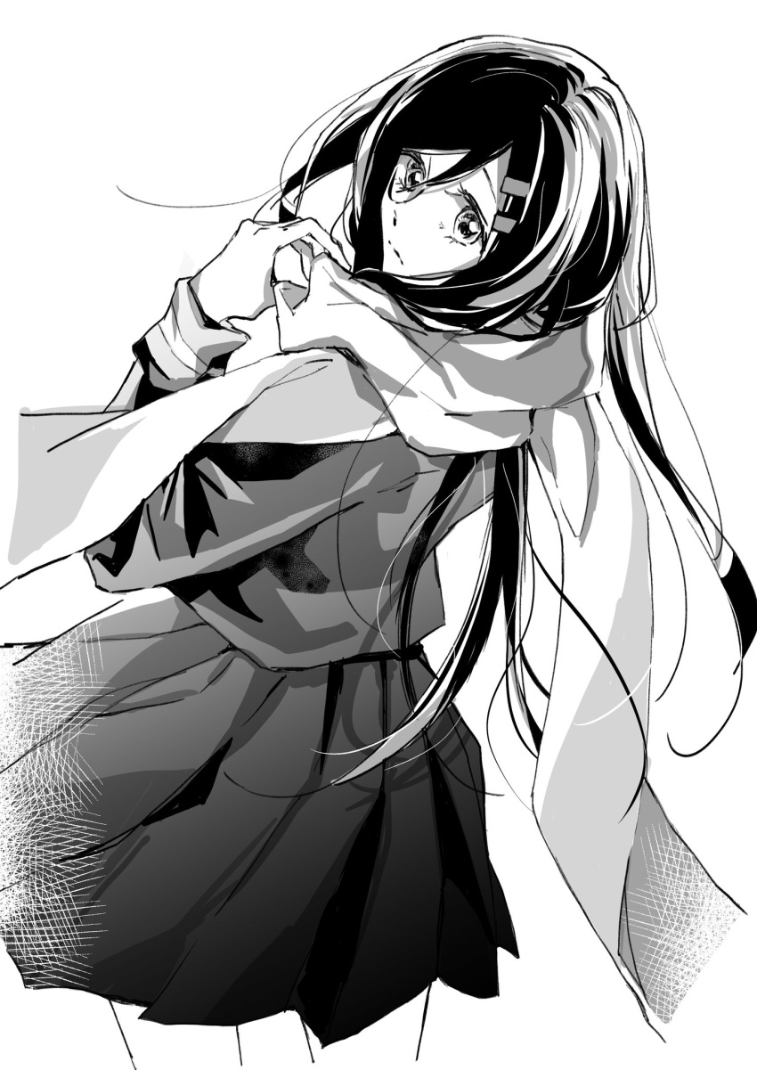 alternate_color bangs closed_mouth cropped_legs enpera greyscale hair_between_eyes hair_ornament hairclip highres holding holding_clothes holding_scarf kagerou_project leaning_back light_frown long_hair long_sleeves looking_back mekakucity_actors monochrome pleated_skirt saitou_shiori_(pixiv14549321) scarf school_uniform serafuku simple_background skirt sleeve_cuffs solo tateyama_ayano