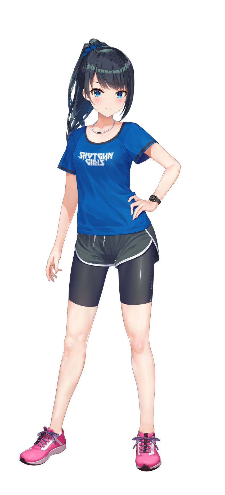 1girl 2020s 2022 apple_watch asagiri_kaeno athletic_female bangs beat_refle black_bottomwear black_hair blue_eyes blue_scrunchie blue_shirt blush closed_mouth collarbone compression_shorts confident dolphin_shorts full_body hair_ornament hair_scrunchie hand_on_hip highres juvenile light_skin light_skinned_female long_hair looking_at_viewer manga no_socks pink_footwear ponytail print_shirt scrunchie shiny shiny_bottomwear shiny_hair shiny_skin shirt shoes short_shorts short_sleeves shorts shorts_under_shorts side_slit simple_background smile sneakers solo solo_female standing t-shirt tachi-e teenage teenage_girl teenager text_on_topwear tomboy two_tone_bottomwear two_tone_bottomwear_(green&amp;white) two_tone_footwear two_tone_footwear_(pink&amp;white) two_tone_topwear two_tone_topwear_(black&amp;blue) watch white_background yamacchi young