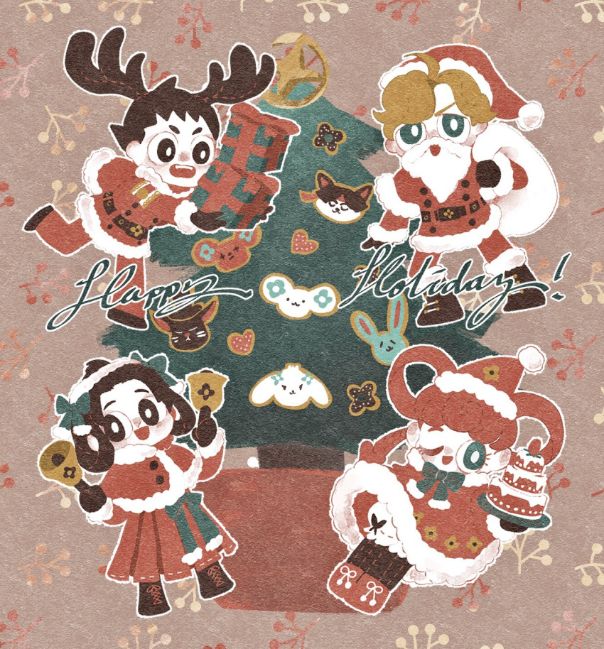 2boys 2girls ace_attorney antlers blonde_hair blue_eyes box brown_hair cake capelet chibi christmas christmas_ornaments christmas_tree dress fake_antlers fake_beard fake_facial_hair food full_body fur-trimmed_dress fur-trimmed_headwear fur_trim gift gift_box hair_rings hat herlock_sholmes highres holding holding_gift holding_sack iris_wilson long_hair multiple_boys multiple_girls one_eye_closed open_mouth pink_hair red_capelet red_headwear reindeer_antlers roly_poly_cat ryunosuke_naruhodo sack santa_costume santa_hat short_hair smile susato_mikotoba the_great_ace_attorney tripping twintails