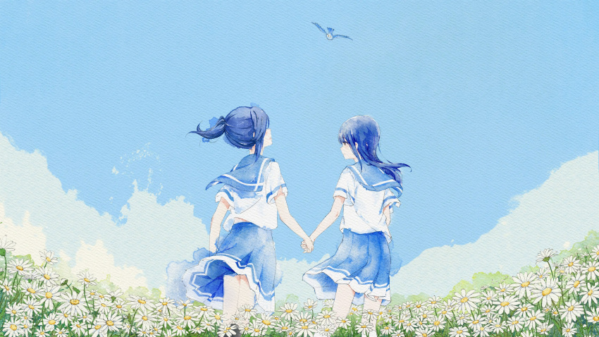 2girls bangs bird black_hair blue_bird blue_hair blue_neckerchief blue_sailor_collar blue_skirt blue_sky closed_mouth clouds expressionless flower hibike!_euphonium highres holding_hands hoshi_hara75 kasaki_nozomi kitauji_high_school_uniform liz_to_aoi_tori long_hair looking_at_another multiple_girls neckerchief outdoors plant pleated_skirt ponytail red_eyes sailor_collar school_uniform serafuku shirt short_sleeves skirt sky standing uniform white_flower white_shirt yoroizuka_mizore